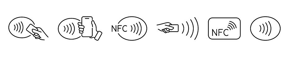 NFC wireless payment technology icons. Contactless NFC payment. NFC payment with smartphone. Contact less. NFC payment with mobile phone. Credit card. Contactless wireless pay, tap pay wave sign