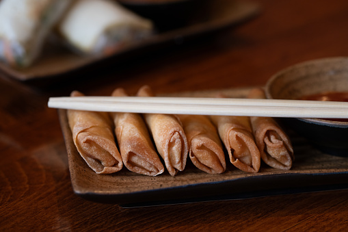 Close-up of Asian deep-fried spring rolls lying in a bowl. Asian summer rolls blurred in the background.