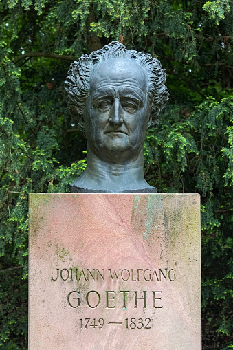 Heidelberg, Germany - May 21, 2013: Bust of Johann Wolfgang von Goethe in the Castle garden of Heidelberg Castle. It is the bronze replica of the original bust created by the French sculptor Pierre-Jean David d'Angers in 1829.