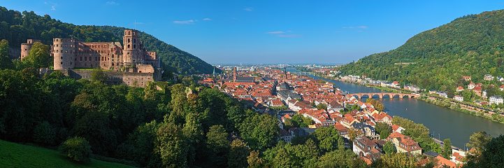Heidelberg, Germany - September 30, 2013: Panorama of historical part of the city with Heidelberg Castle at the lower slope of Konigstuhl hill and Heidelberg Old Town along the Neckar river. The castle ruins are among the most important Renaissance structures north of the Alps.
