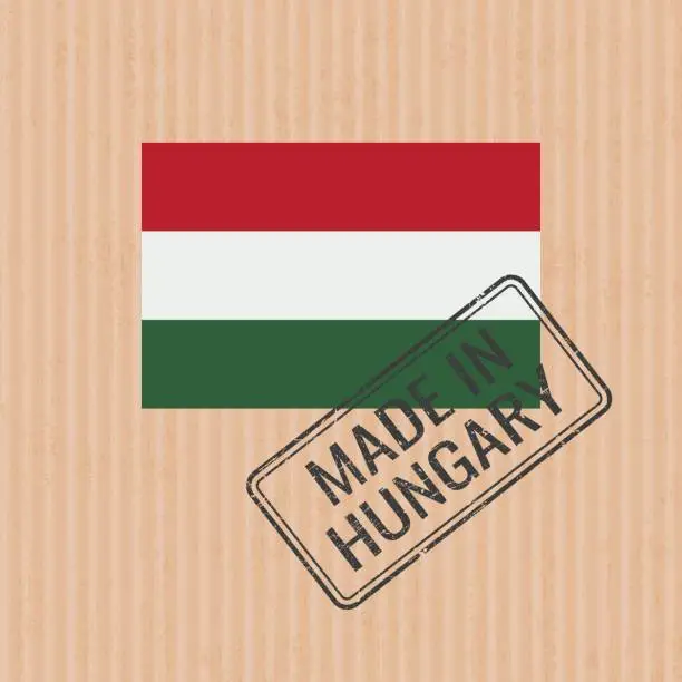 Vector illustration of Made in Hungary badge vector. Sticker with Hungarian national flag. Ink stamp isolated on paper background.