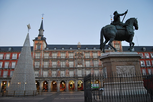 July 7, 2023, Madrid (Spain). Plaza Mayor of Madrid and the equestrian statue of Felipe III, is one of the most important monuments in Madrid.