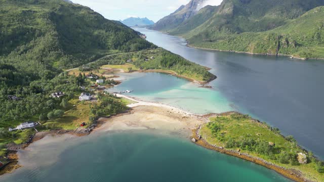 Lofoten Islands Nature, Fjord and Lagoon at Summer in Tengelfjord, Norway - Aerial 4k Reveal Tilting Up