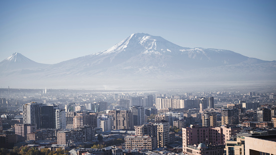 Panorama in the center of Yerevan against the background of Mount Ararat, Armenia.