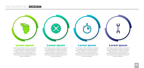 Set Bicycle helmet, sprocket crank, Stopwatch and Wrench spanner. Business infographic template. Vector.