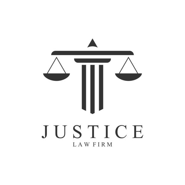 illustrazioni stock, clip art, cartoni animati e icone di tendenza di illustrazione vettoriale del modello di logo della legge sulla giustizia - bilancia della giustizia