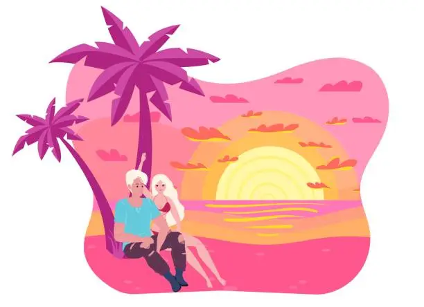 Vector illustration of Couple sitting together on beach at sunset, romantic holiday concept, palm trees and sea. Love, travel, summer vacation vector illustration