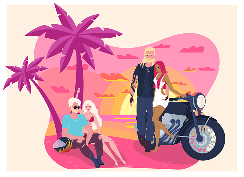 Two men and two women relaxing by a motorcycle on the beach at sunset. Biker friends enjoying summer vacation. Tropical getaway and friendship vector illustration.