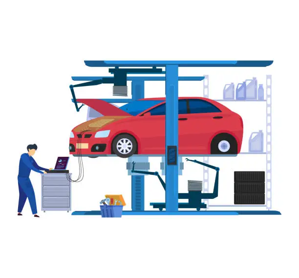 Vector illustration of Auto mechanic working on a diagnostic computer next to a lifted red car in a garage. Car repair and maintenance services vector illustration