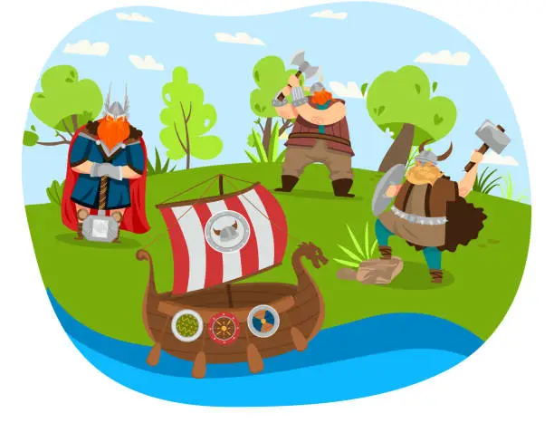 Vector illustration of Three cartoon vikings near a drakkar on riverbank. Vikings with axes and helmet, campsite tent. Medieval Norse warriors, Viking adventure. Vector illustration.