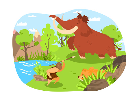 Caveman hunting mammoth by river in prehistoric landscape, primal hunter with spear, hiding lion in bushes. Stone Age survival and adventure vector illustration.