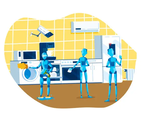 Vector illustration of Robots cleaning kitchen, doing laundry and organizing fridge. Futuristic home automation with AI technology. Smart home and robotic helpers vector illustration