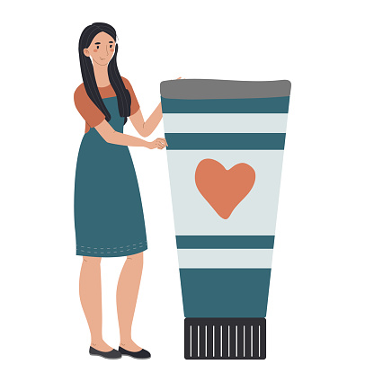 Young woman standing with a giant coffee cup, smiling contently. Happiness, coffee lover concept, stylish outfit vector illustration.