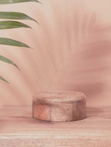 istock Round wooden platform, shadow from a palm leaf on a brown background. 1920626972