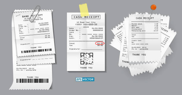 illustrations, cliparts, dessins animés et icônes de set of register sale receipt or cash receipt printed on white paper concept. 3d render - sales clerk