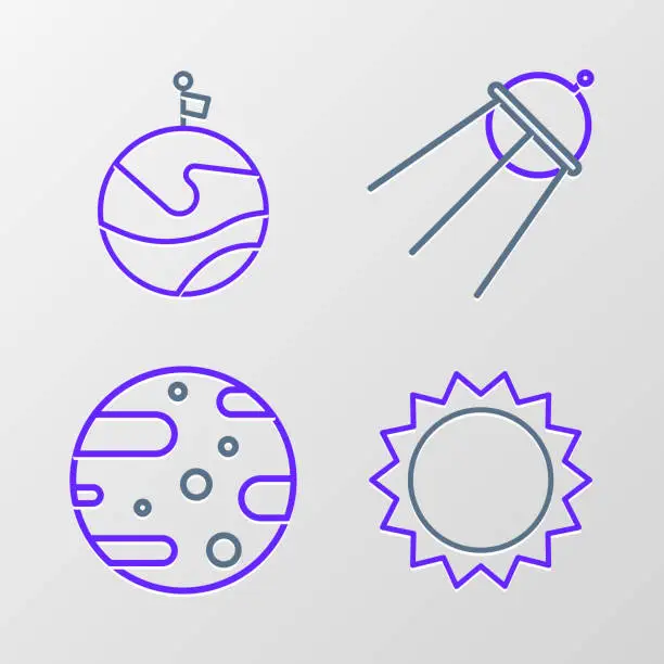 Vector illustration of Set line Sun, Satellite dish, and Moon with flag icon. Vector