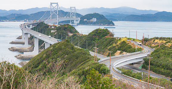 The Onaruto Bridge (Great Naruto Bridge). A suspension bridge on the Kobe-Awaji-Naruto Expressway connecting Minamiawaji, Hyogo on Awaji Island with Naruto, Tokushima on Oge Island, Japan