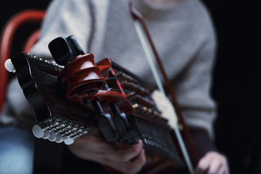 The fingers of a Nyckelharpa player dance on the keys, bringing ancient melodies to life with each bow stroke