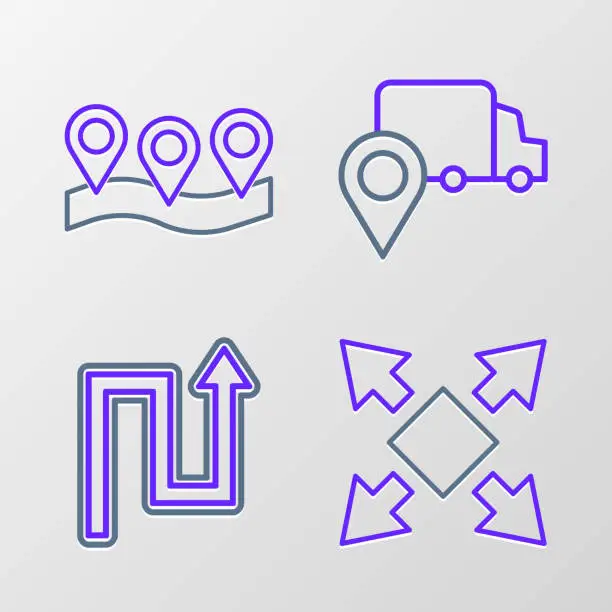 Vector illustration of Set line Many ways directional arrow, Arrow, Delivery tracking and Location icon. Vector