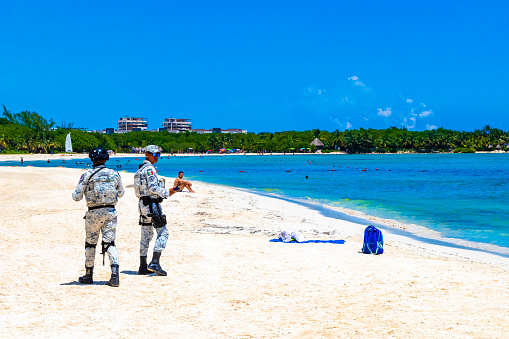 Playa del Carmen Quintana Roo Mexico 09. September 2023 Military Army Marine National Guard patrols and monitors the Caribbean beach in Playa del Carmen Quintana Roo Mexico.