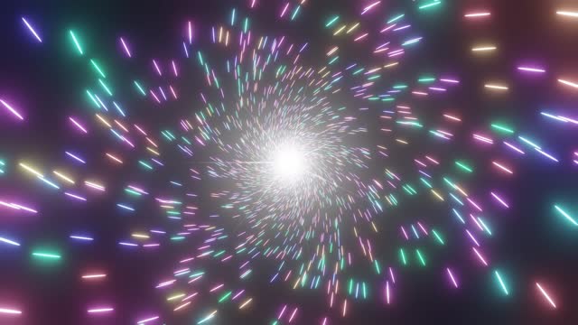 A seamless loop animation video of colorful light particles spiraling towards you.