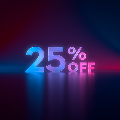 25% off 3D-rendered graphic lockup isolated on a dark starry background for store discounts and sales/sale promotions