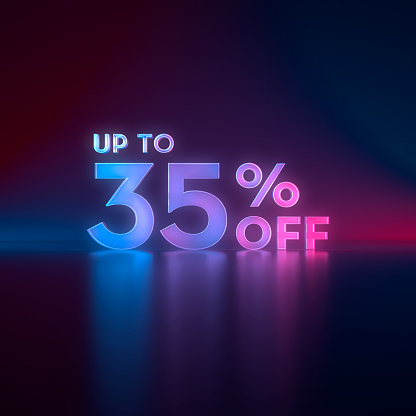 Up To 35% off 3D-rendered graphic lockup isolated on a dark starry background for store discounts and sales/sale promotions