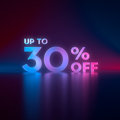 Up To 30% off 3D-rendered graphic lockup isolated on a dark starry background for store discounts and sales/sale promotions