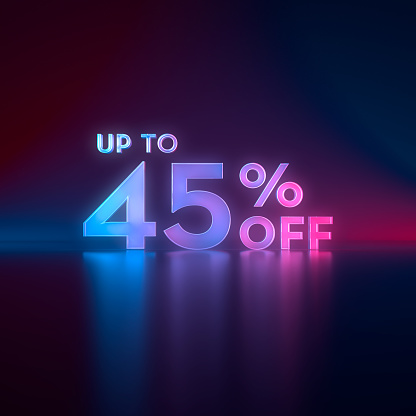 Up To 45% off 3D-rendered graphic lockup isolated on a dark starry background for store discounts and sales/sale promotions