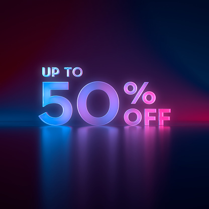 Up To 50% off 3D-rendered graphic lockup isolated on a dark starry background for store discounts and sales/sale promotions