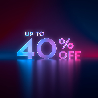 Up To 40% off 3D-rendered graphic lockup isolated on a dark starry background for store discounts and sales/sale promotions