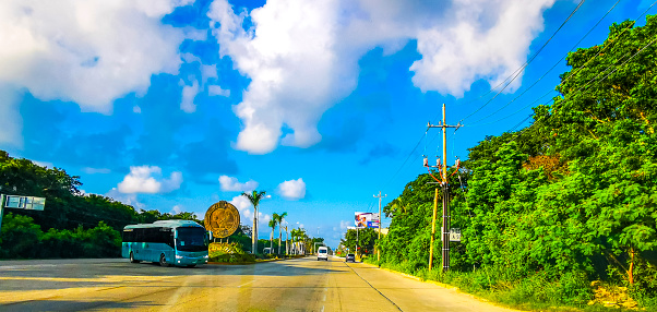 Playa del Carmen Quintana Roo Mexico 16. September 2023 Driving with the car on the highway with blue sky in Playa del Carmen Quintana Roo Mexico.