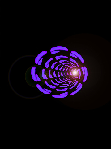 An abstract image of a time/space warp with lens flare protruding out.  There is copy space. The corridor is purple.