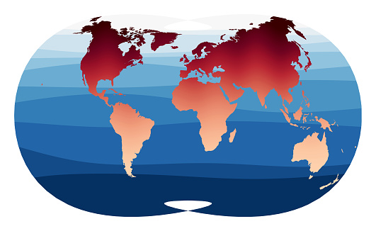 World Map Vector. Laskowski tri-optimal projection. World in red orange gradient on deep blue ocean waves. Radiant vector illustration.