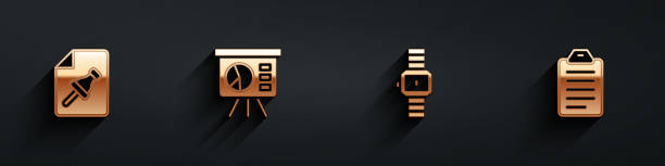 istock Set Note paper with push button, Board graph, Wrist watch and To do list or planning icon with long shadow. Vector 1920855350