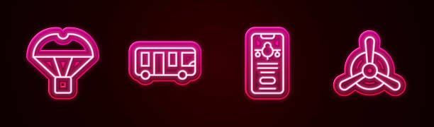 istock Set line Box flying on parachute, Airport bus, Mobile with ticket and Plane propeller. Glowing neon icon. Vector 1920865185