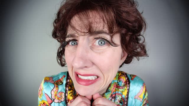 Anxious Middle Aged Woman Biting her Nails Fisheye Humor