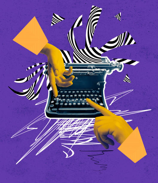 istock Pop art collage. Female hand typing on retro typewriter over creative design background. 1920907393