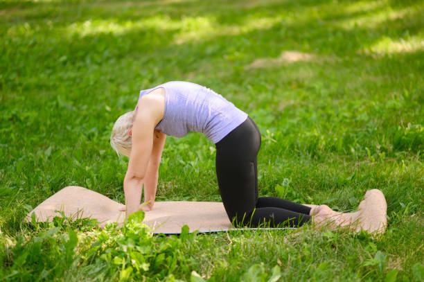 istock Middle aged woman practicing asana paired with Cow Pose on the inhale exercise, Cat, Marjaryasana pose in nature full length 1920915488