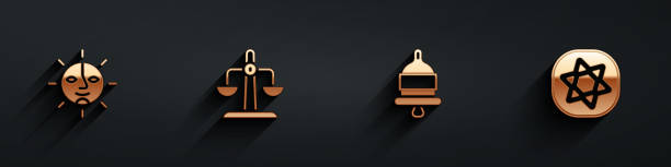 istock Set Sun, Libra zodiac, Ringing alarm bell and Tarot cards icon with long shadow. Vector 1920917397
