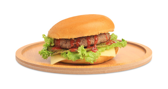 One tasty burger with patty, lettuce and cheese isolated on white
