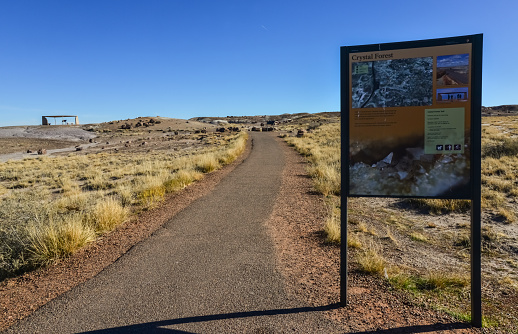 USA, Phenix, Arizona- November 17, 2019:  information sign in Petrified Forest National Park, Arizona