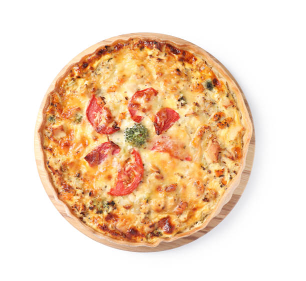 istock Tasty quiche with cheese and tomatoes isolated on white, top view 1920925617
