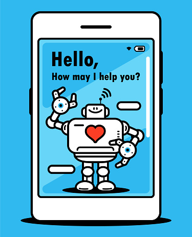 Cute AI characters vector art illustration.
An AI chatbot assistant with a love heart sign interacts conversationally on a smartphone screen, Heartfelt Conversations: Your AI Chat Companion.