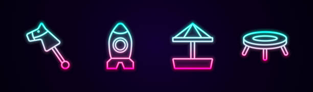 istock Set line Toy horse, Rocket ship toy, Sandbox with sand and Jumping trampoline. Glowing neon icon. Vector 1920930947