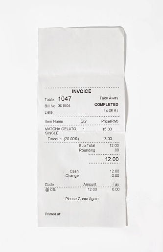 Paper printed sales shop receipt isolated on white background
