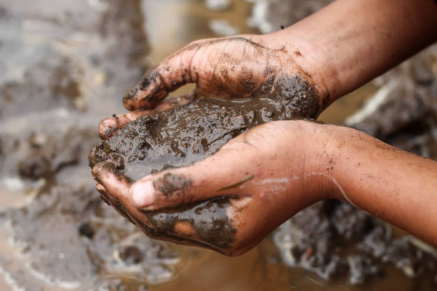 istock boy's hands playing in wet mud in nature 1920949371
