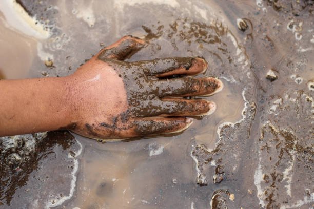 istock boy's hands playing in wet mud in nature 1920949894