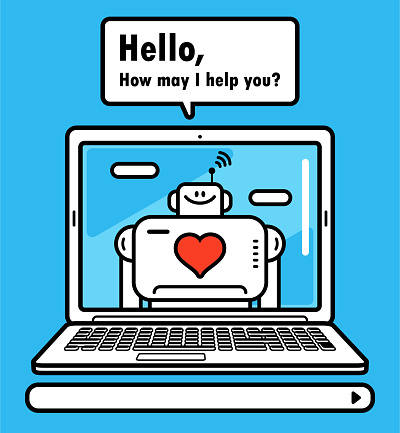 Cute AI characters vector art illustration.
An AI chatbot assistant or an Artificial Intelligence Robot Doctor with a love heart sign greets on a laptop computer screen.