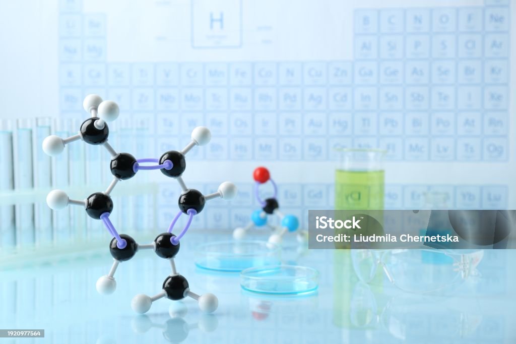 First Lab Molecular Molecular Model And Laboratory Equipment On Light Surface Stock Photo ...
